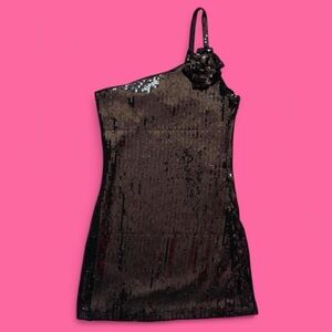 forever 21 black sequin one shoulder mini dress with sequin flower rosette!